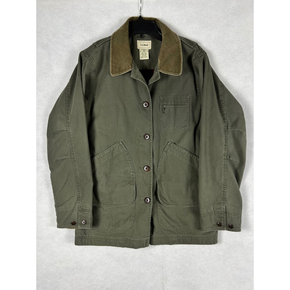 LL Bean Vintage Barn Jacket Olive Green Flannel Lined Canvas Coat Womens M